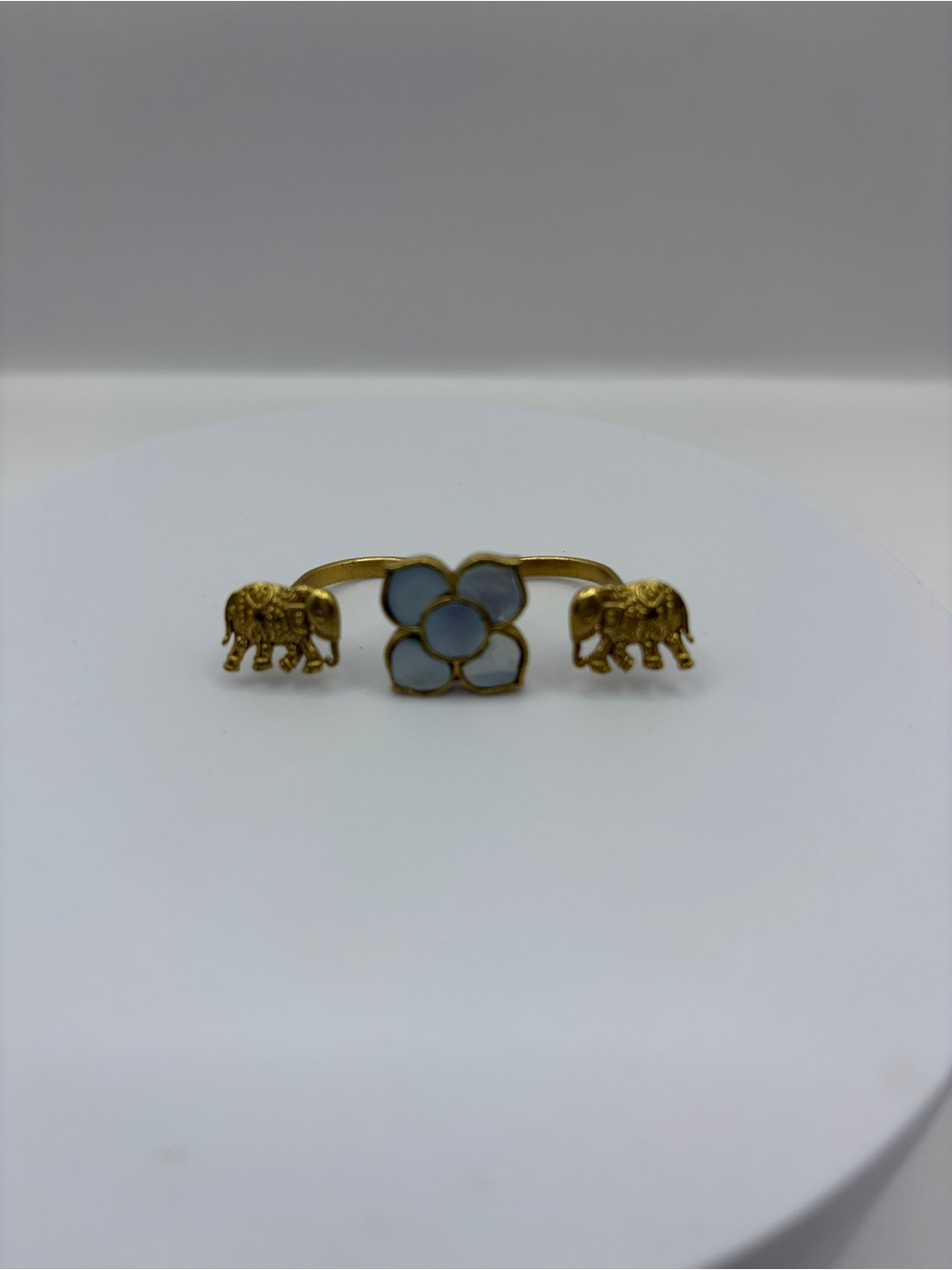 Gold Elephant & Mother-of-Pearl Flower Double Ring